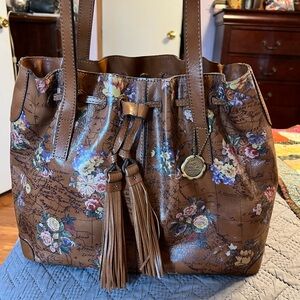 Patricia Nash Brown Tote Bag with Floral Print and Drawstring Closure